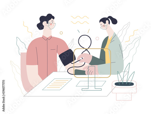 Medical tests template - blood pressure test - modern flat vector concept digital illustration of blood pressure measurement procedure - a patient and doctor with a meter, medical office or laboratory