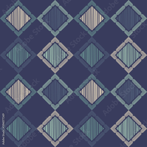 Mosaic with geometric shapes. Seamless pattern. Design with manual hatching. Textile. Ethnic boho ornament. Vector illustration for web design or print.