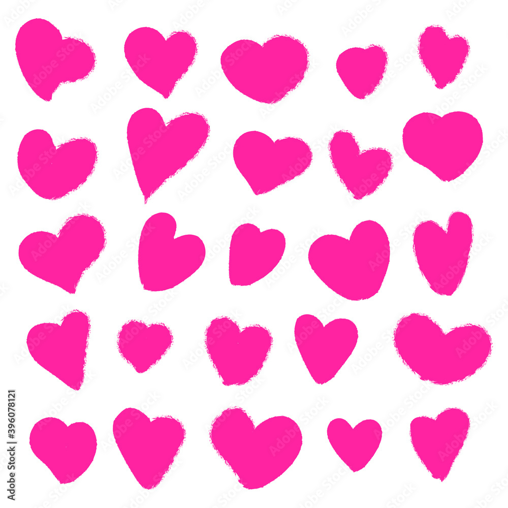 Grunge pink hearts. Elegant love hearts, hearted shape stamp isolated vector set.