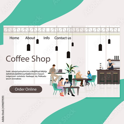 Coffee shop landing page, cafeteria interior with customers conversation and coworking