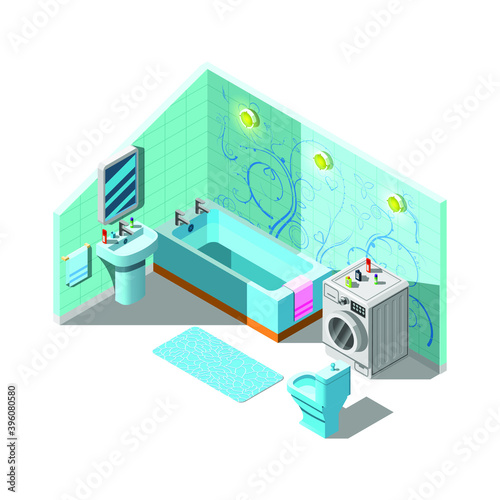 Abstract Isometric 3D Bathroom House With Bath Toilet Sink Washing Machine Elements Vector Design Style