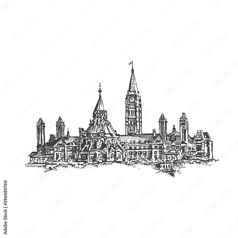 The Gothic Revival Parliament Buildings Ottawa and map. Isolated on white background