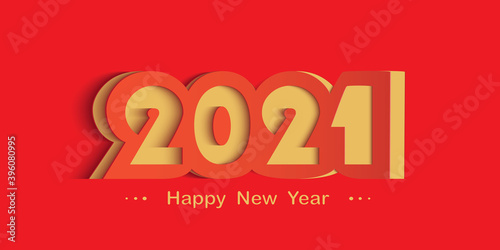 Happy New Year 2021 red and yellow card in paper cut style for seasonal Christmas holidays greetings and invitations cards  vector illustration
