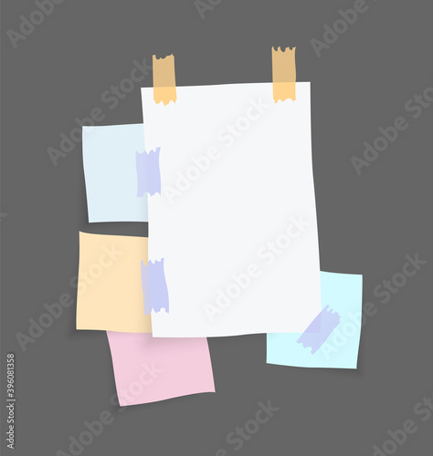 Paper notes stickers. Place for memo messages on paper sheets. Blank sticky place for to do list and office notice or information board