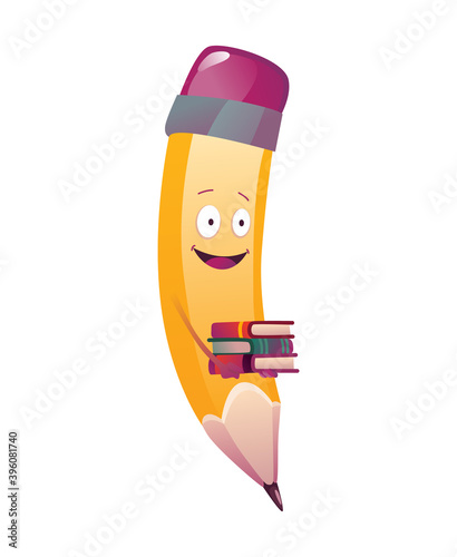 Pencil cartoon. Cute humanized pencil character with arms and face emoji illustration with book