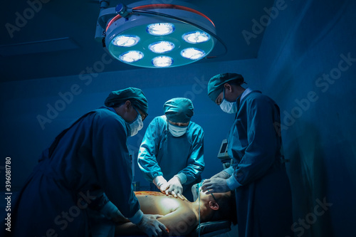 Surgical team or doctor and staff have vivisection in surgery room of the hospital and using equipment tool for the operation photo