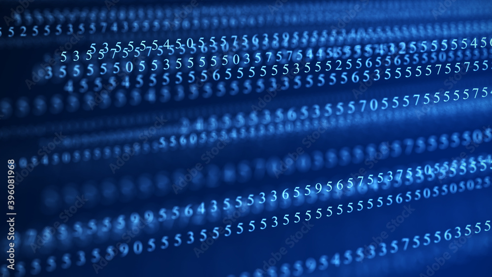 Fototapeta premium Blue matrix background. Technology stream binary code. Falling numbers on screen. Programming, coding, hacking and encryption. 3d rendering.