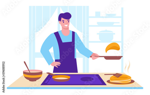 A young man cooking pancakes against the background of the kitchen interior . Vector illustration. Flat style.