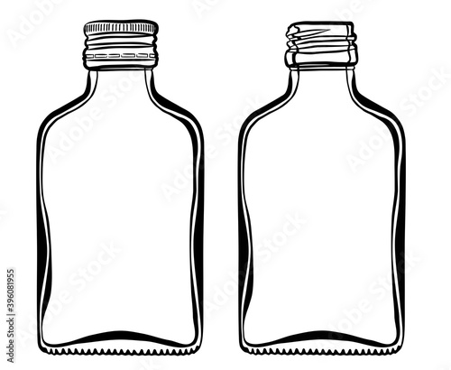 Two blank glass russian vodka bottles one with a cap another one is open 
