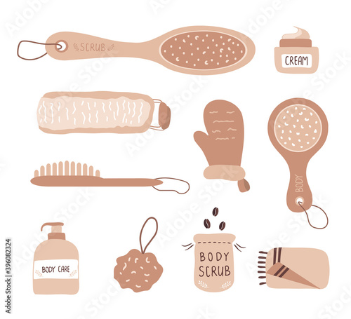 Anti-cellulite treatment. Exfoliation skin with organic products. Body care concept. Morning routine. Vector illustration in cartoon style.