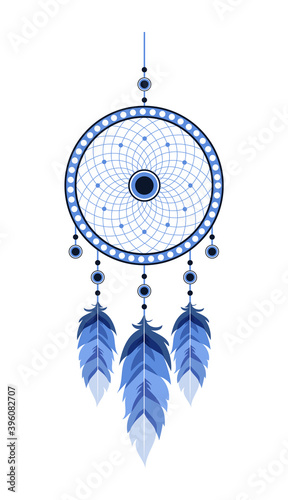 Dream catcher with Fatima eye and blue feathers. Hand drawn indian talisman. Ethnic bohemian design element. Vector hipster illustration isolated on white background. Flat boho style.