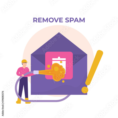 the concept of automatic shredder of spam or junk files. illustration of a man using a flamethrower to burn or delete junk messages or emails. anti Virus. flat style. design elements