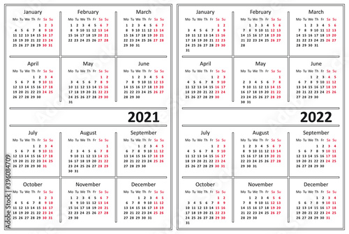 Template of a calendar of white color. A calendar for 2021 and 2022. Week starts on Monday. 