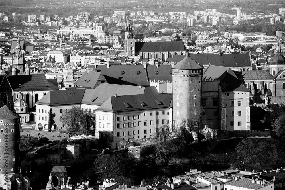 Aerial view of Royal Wawel castle in Krakow, Poland. Black and white photo.