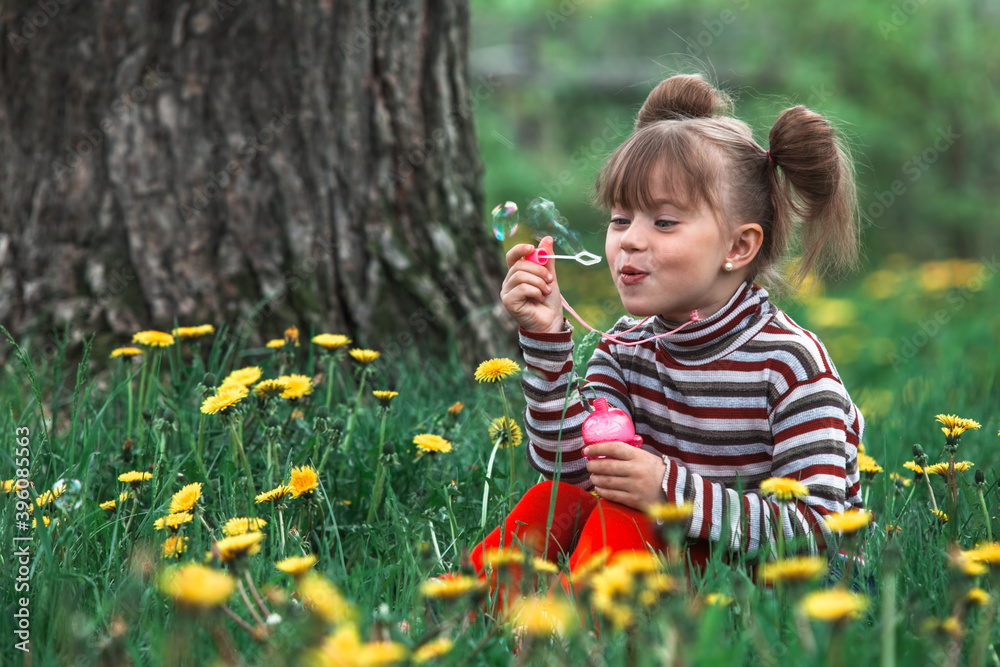 Five-year girl blowing soap bubbles in the park. Five-year girl blowing soap bubbles in the park.