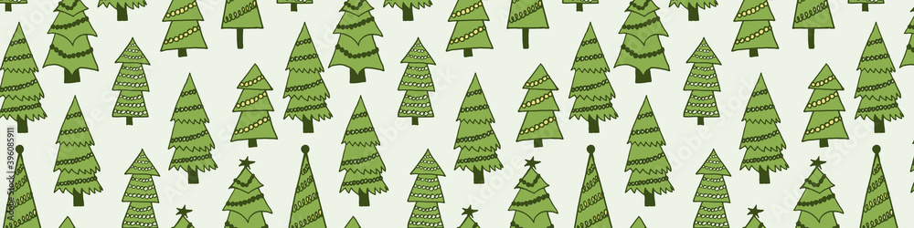 Decorated Christmas tree illustration. Doodle outline drawing. Horizontal banner. New Year celebration, winter season. Festive plant, holiday symbol Decorated Christmas tree illustration. Doodle outline drawing. Horizontal banner. New Year celebration, winter season. Festive plant, holiday symbol