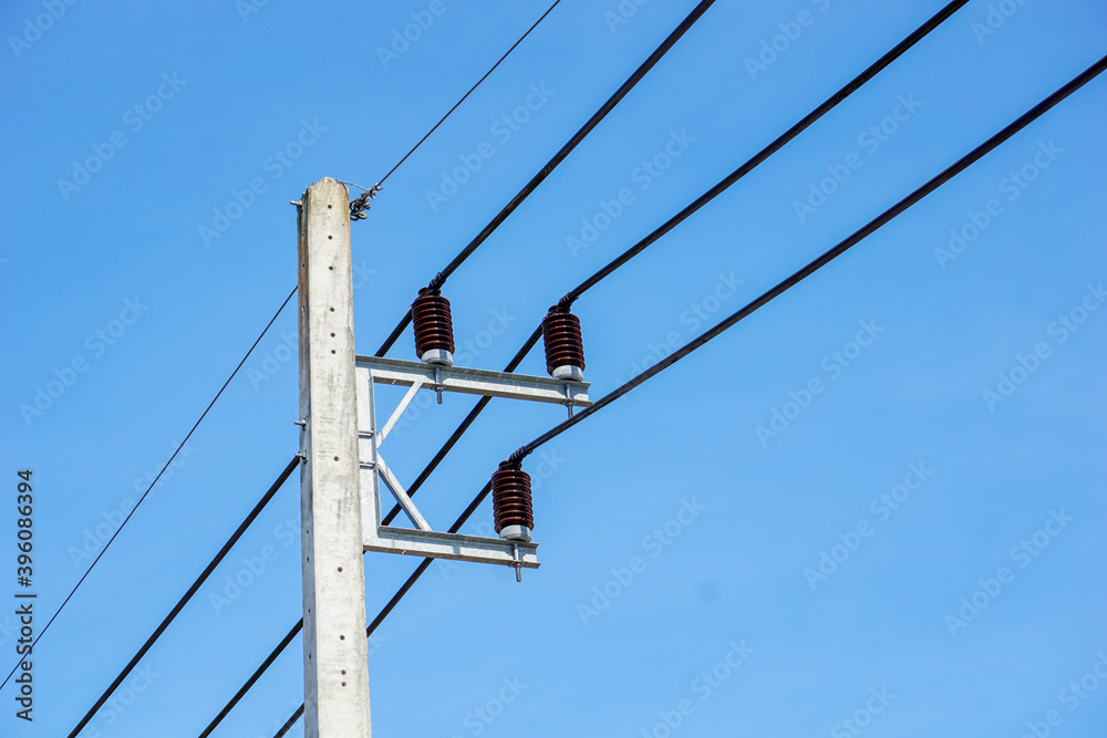 Electric pole with black wires That has been installed Electric pole with black wires That has been installed