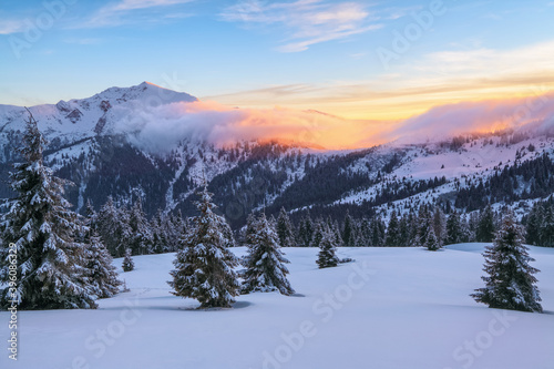 Awesome sunrise. Winter forest. A panoramic view of the covered with frost trees in the snowdrifts. High mountains with snow white peaks. Natural landscape with beautiful sky. © Vitalii_Mamchuk