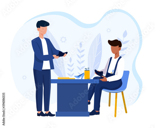 Shoemaker and his customer. Male characters wearing an overall mending shoe. Customer checking handmade shoes made for him. Flat cartoon vector illustration