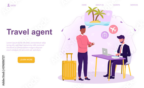 Caucasian travel agent. Male office worker selling tour, cruise, airway or railway tickets. Vacation organization agency, hotel booking. Website, web page, landing page template. Vector illustration