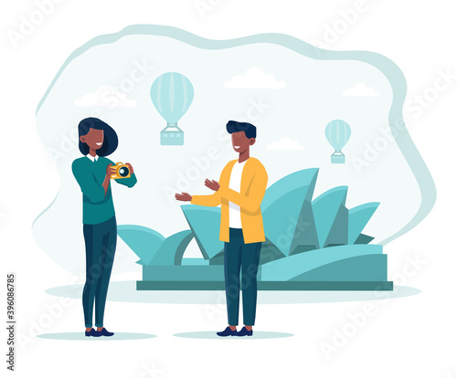 Cute couple taking photo on vacation. Concept of travelling abroad and visiting sightseeings with guide. Travel agency service. Flat cartoon vector illustration