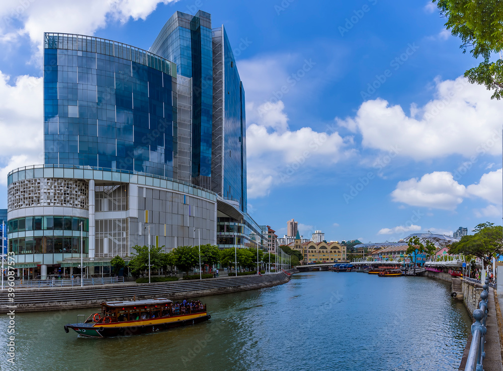A view up the Singapore river towards Clarke Quay in Singapore, Asia