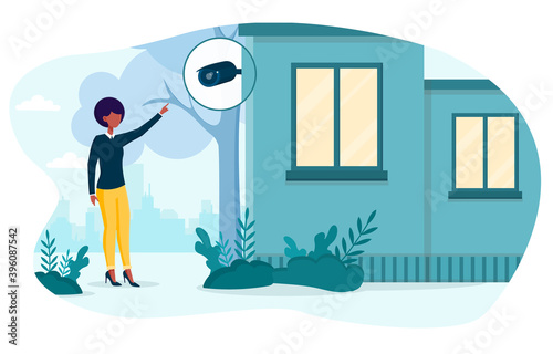 Woman checking security camera. Surveillance System, Prevention of burglars. Woman pointing at video camera. Flat vector illustration