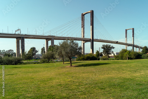 Majestic bridge of the Fifth Centennial of Seville (Andalusia, Spain). Great architectural structure that connects the highway above the Guadalquivir river. Photo taken from the Guadaira park. 