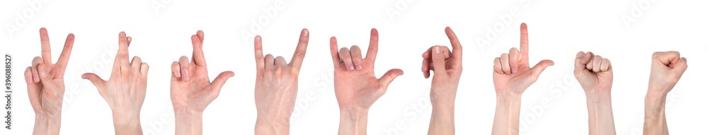 Male hand gestures isolated over the white background, set of multiple images. Images set of male caucasian hand gestures isolated on white background Male hand gestures isolated over the white background, set of multiple images. Images set of male caucasian hand gestures isolated on white background