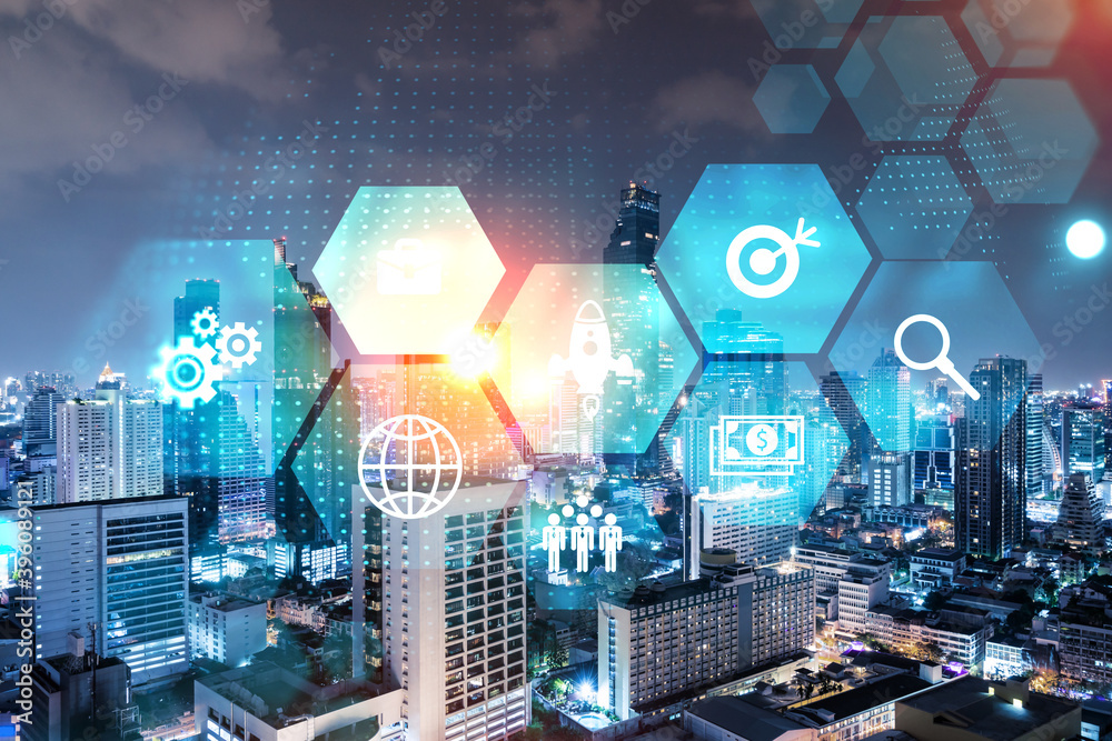 Obraz premium Research and technological development glowing icons. Night panoramic city view of Bangkok. Concept of innovative activities expanding new services or products in Asia. Double exposure.