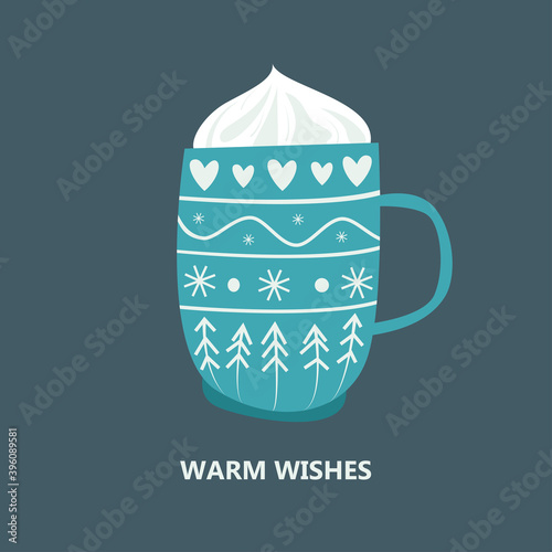  Christmas seasonal card with cup of cacao. Xmas composition with mug of hot drink. Festive cozy beverage. Vector flat cartoon illustration 

