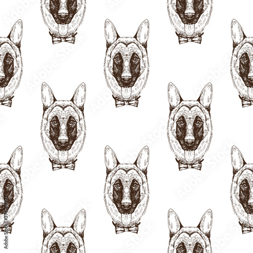 Seamless pattern with hand drawn German shepherd faces on white background, vector illustration
