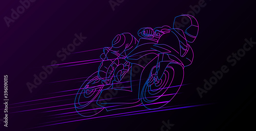 Linear illustration of sport motocycle with driver moving on high speed leaving neon lights track behind, dark backdrop with line graphic