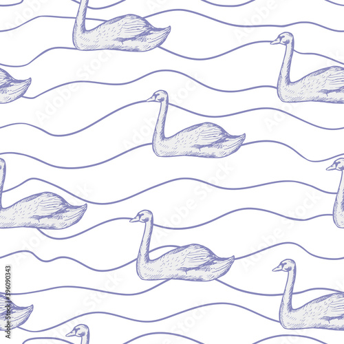 Seamless pattern with hand drawn swans floating on the waves, vector illustration