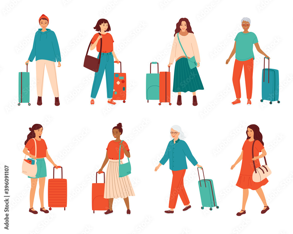 Traveling people, business trip, tourism. Collection of happy young and senior gray haired  women of diverse nationalities standing with suitcases and travel bags. Set of isolated vector illustrations