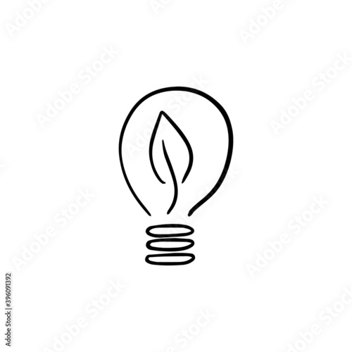 Saving energy bulb with plant black icon. Simple lamp and leaf hand drawn sketch outline illustration. Recycling eco friendly sustainable zero waste technology. Electricity power.