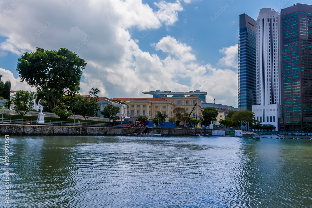 A view from the Singapore River past the Raffles landing site to the bay in Singapore, Asia