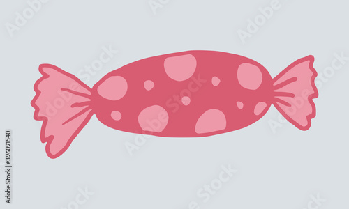Doodle wrapped candy illustration. Hand drawn dessert isolated on white background. Vector festive icon for candy shop poster. Sweet unhealthy food