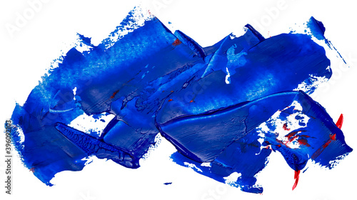 Hand drawn isolated oil paintbrush stripe with deep dirty blue color and rare small red spots esp 10 vector illustration. Template for your text atop.