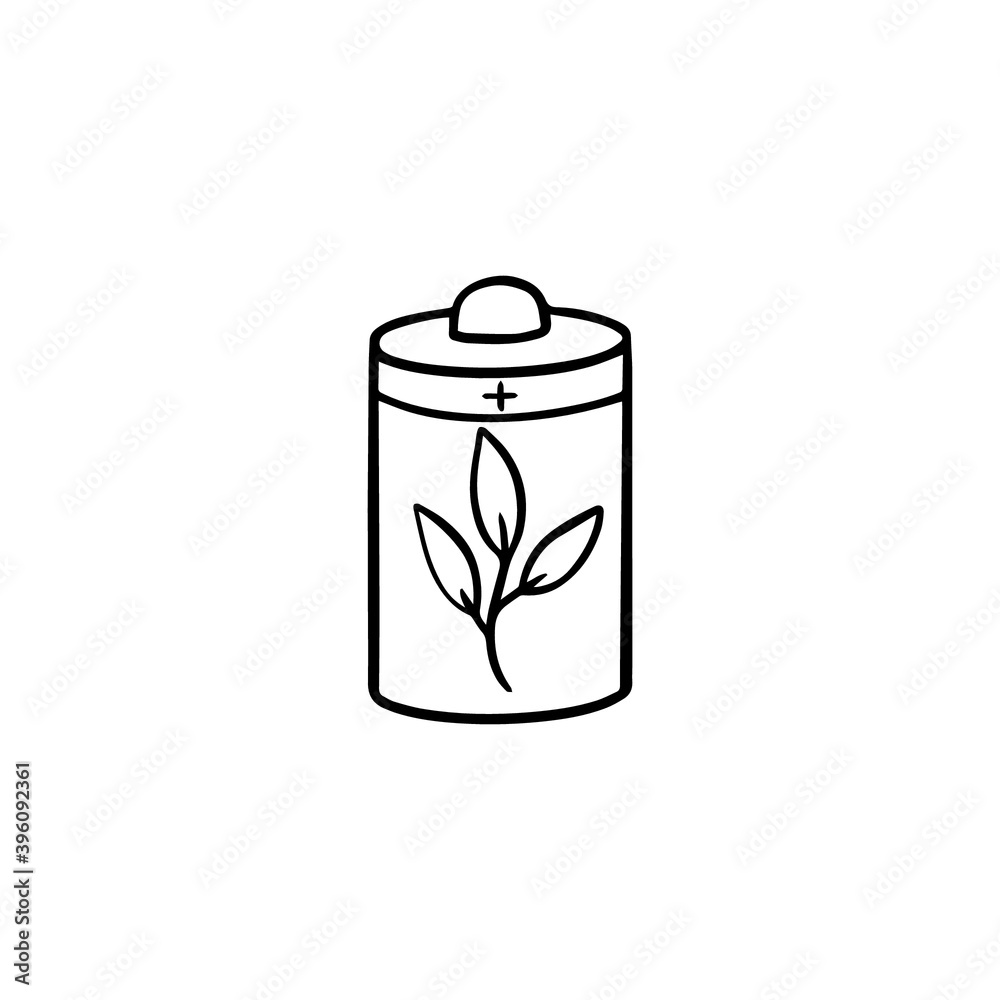 Alkaline battery with plant black icon isolated on white background. Electronic voltage equipment full power. Hand drawn simple outline illustration. Eco technology. Charger accumulator. Alkaline battery with plant black icon isolated on white background. Electronic voltage equipment full power. Hand drawn simple outline illustration. Eco technology. Charger accumulator.