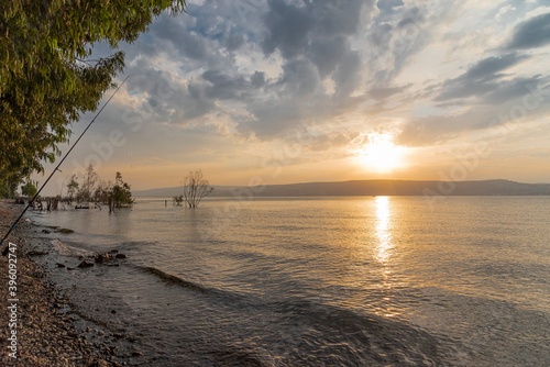 Sunset over the Sea of Galilee and Golan Heights. High quality photo.