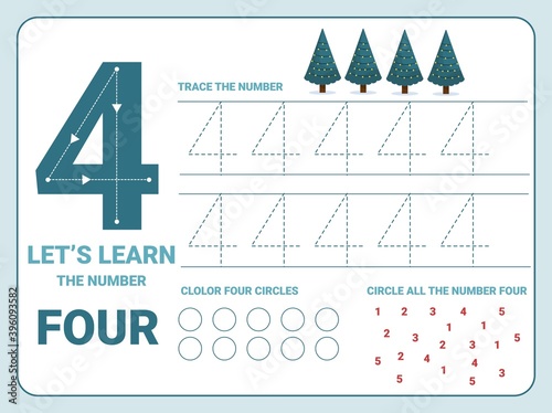 Number four tracing practice worksheet. Training write and count numbers. Coloring exercises