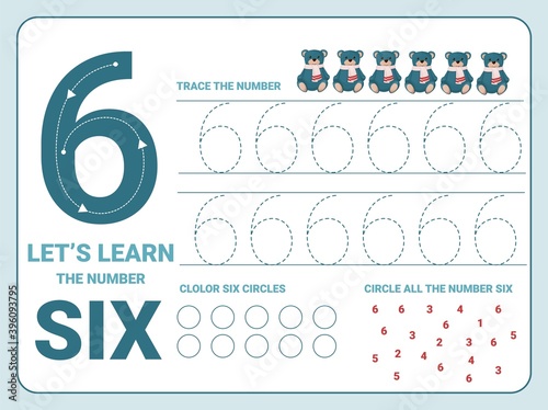 Number six tracing practice worksheet. Training write and count numbers. Coloring exercises