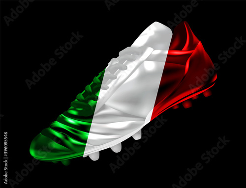 Soccer football boot with the flag of Italy printed on it, isolated on dark background, vector illustration 3d, 3 dimension, print, design