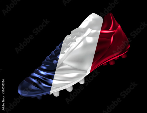 Soccer football boot with the flag of  France printed on it, isolated on dark background, vector illustration 3d, 3 dimension, print, design