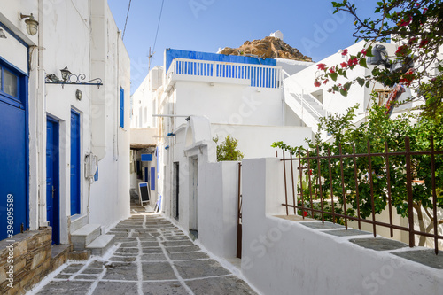 A street in the old town of Chora, the capital of Ios Island. Traditional Cycladic architecture. Greece