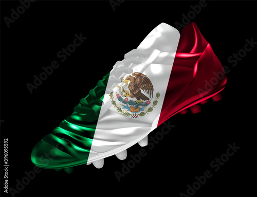 Soccer football boot with the flag of  Mexico printed on it, isolated on dark background, vector illustration 3d, 3 dimension, print, design