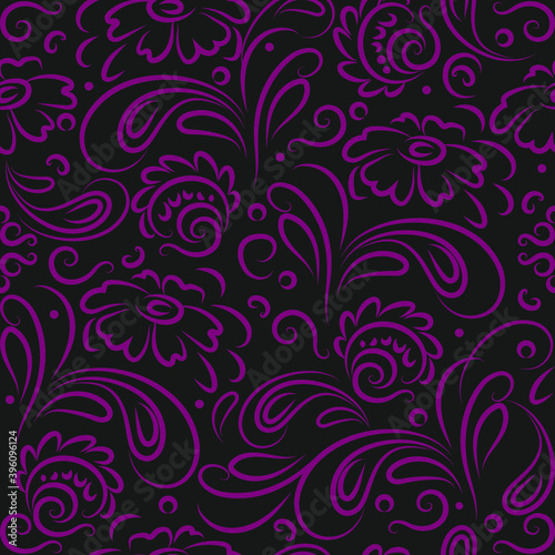 Pink floral ornament on black seamless background