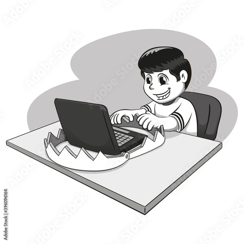 Illustration of a Caucasian child and the dangers of the internet, virtual traps, art line. Ideal for catalogs, newsletters and institutional material