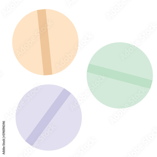 multicolored pills in flat style, cartoon illustration, isolated object on white background, vector,